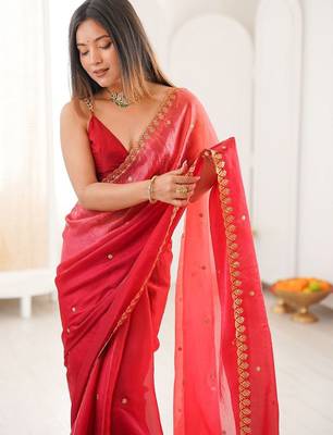 Red embellished zari tissue designer saree 2