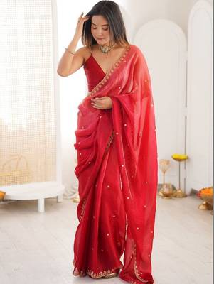 Red embellished zari tissue designer saree 3
