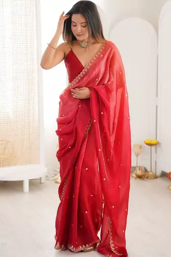 Red embellished zari tissue designer saree