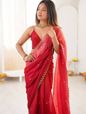 Red embellished zari tissue designer saree 4