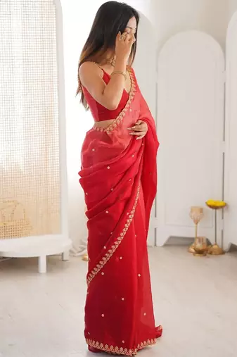 Red embellished zari tissue designer saree