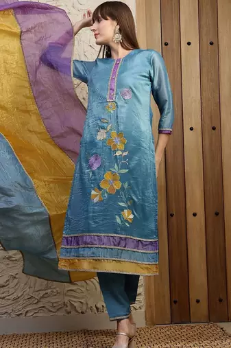 women floral embroidered regular thread work kurta with trousers & with dupatta