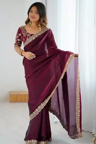 Burgundy burgundy embellished tissue sarees