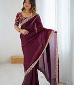Burgundy burgundy embellished tissue sarees