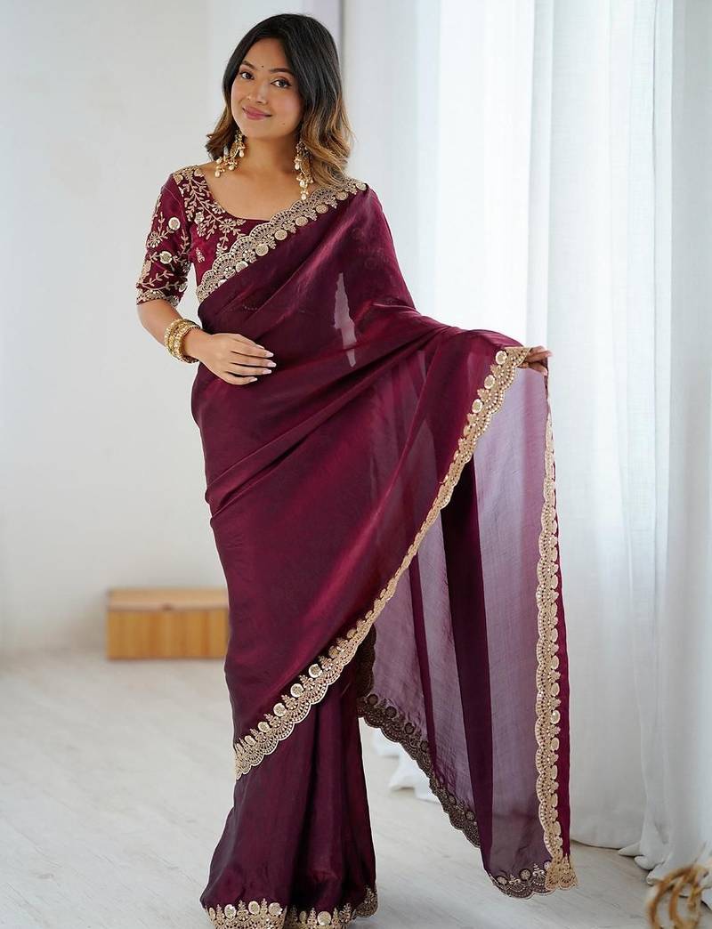 Burgundy burgundy embellished tissue sarees
