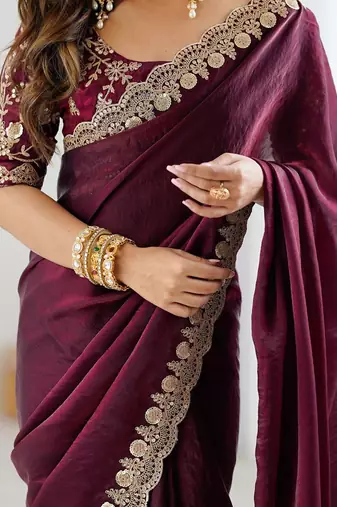 Burgundy burgundy embellished tissue sarees