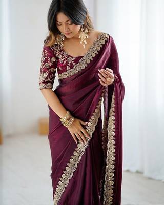 Burgundy burgundy embellished tissue sarees 3