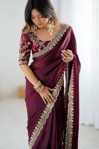 Burgundy burgundy embellished tissue sarees