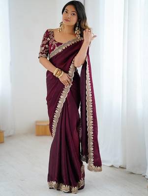 Burgundy burgundy embellished tissue sarees 4