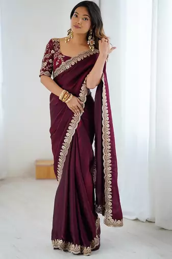Burgundy burgundy embellished tissue sarees