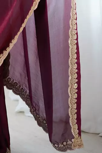 Burgundy burgundy embellished tissue sarees