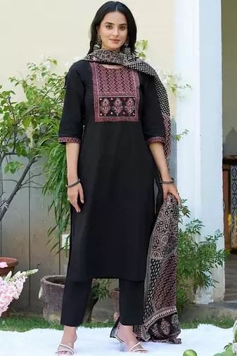 women ethnic motifs printed regular mirror work  cotton kurta with trousers & with dupatta