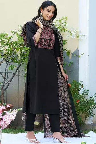 women ethnic motifs printed regular mirror work  cotton kurta with trousers & with dupatta