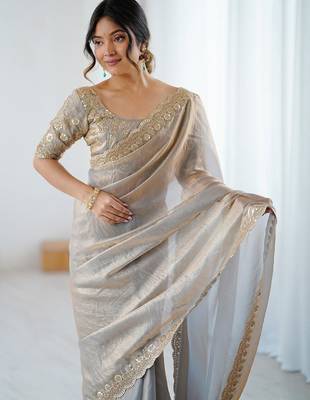 Beige beige embellished tissue sarees 1