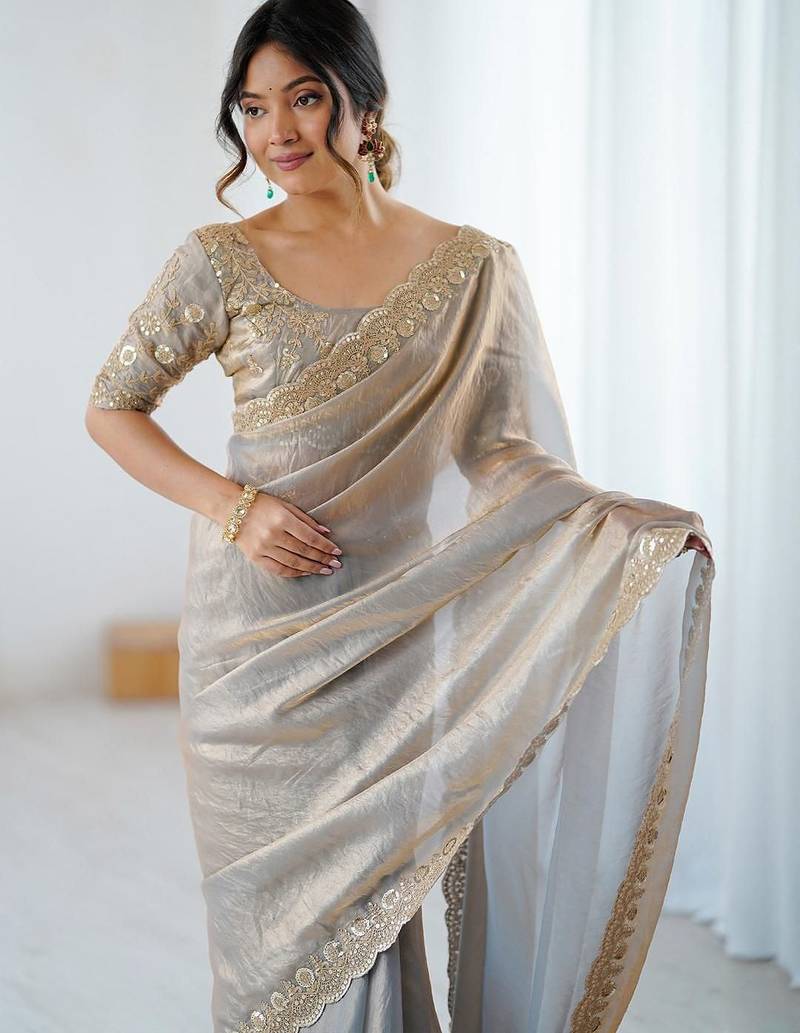 Beige beige embellished tissue sarees