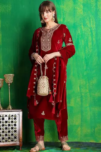 women ethnic motifs embroidered regular thread work velvet kurta with trousers & with dupatta
