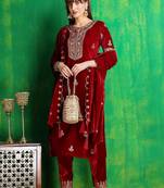 women ethnic motifs embroidered regular thread work velvet kurta with trousers & with dupatta
