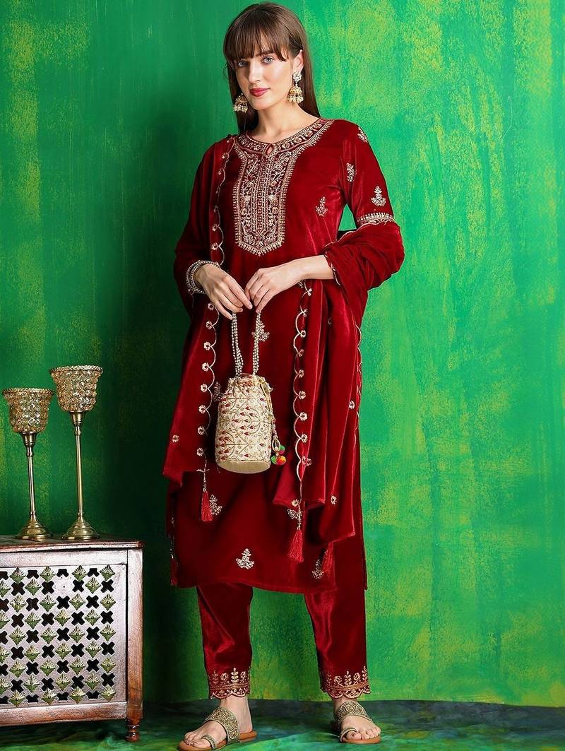 women ethnic motifs embroidered regular thread work velvet kurta with trousers & with dupatta