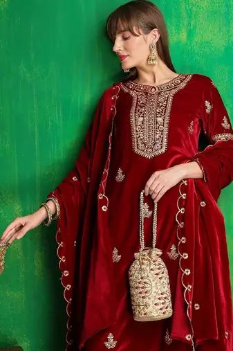 women ethnic motifs embroidered regular thread work velvet kurta with trousers & with dupatta