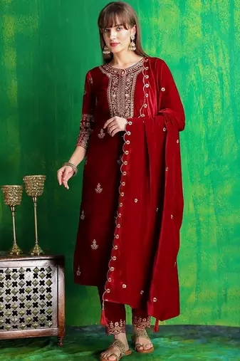 women ethnic motifs embroidered regular thread work velvet kurta with trousers & with dupatta