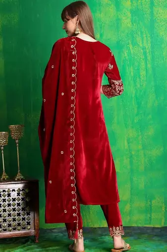 women ethnic motifs embroidered regular thread work velvet kurta with trousers & with dupatta