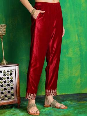 women ethnic motifs embroidered regular thread work velvet kurta with trousers & with dupatta 5