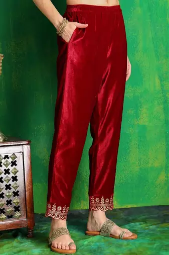 women ethnic motifs embroidered regular thread work velvet kurta with trousers & with dupatta