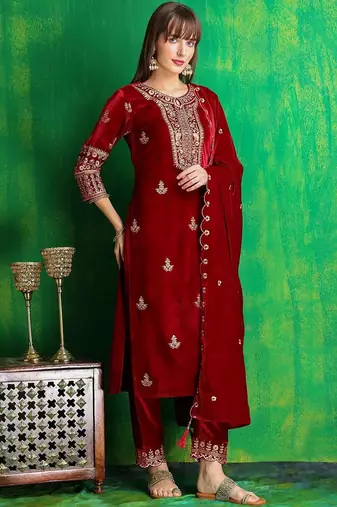 women ethnic motifs embroidered regular thread work velvet kurta with trousers & with dupatta