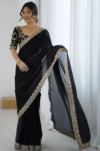 Black black embellished satin sarees