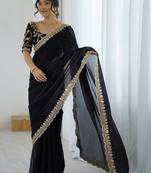 Black black embellished satin sarees