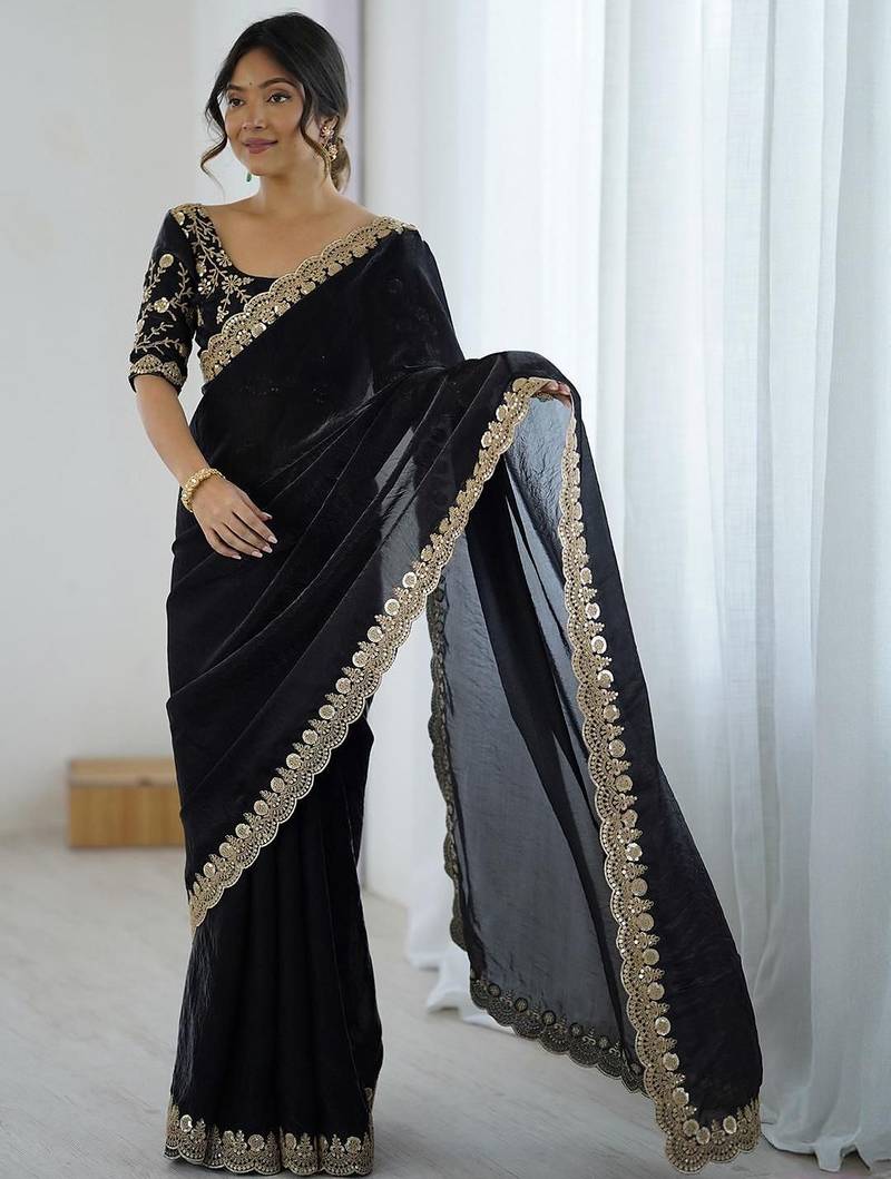 Black black embellished satin sarees
