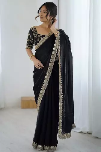 Black black embellished satin sarees