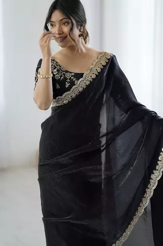 Black black embellished satin sarees