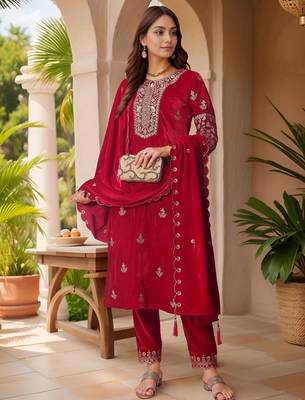 women ethnic motifs embroidered regular thread work velvet kurta with trousers & with dupatta 1