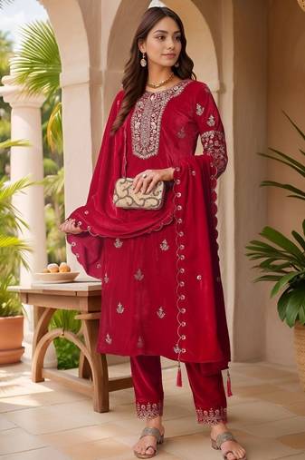women ethnic motifs embroidered regular thread work velvet kurta with trousers & with dupatta