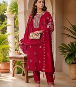 women ethnic motifs embroidered regular thread work velvet kurta with trousers & with dupatta