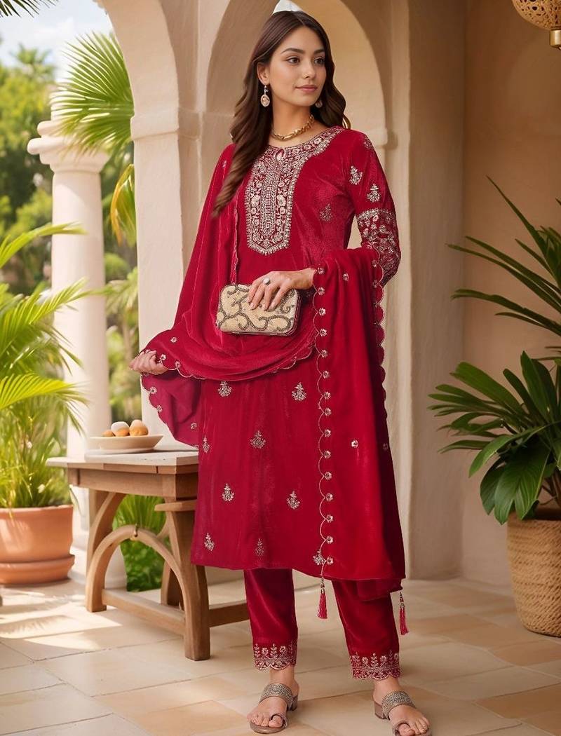 women ethnic motifs embroidered regular thread work velvet kurta with trousers & with dupatta
