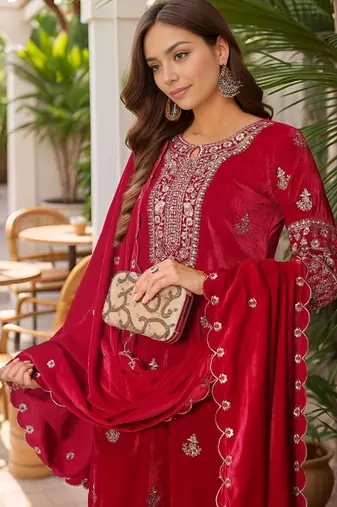 women ethnic motifs embroidered regular thread work velvet kurta with trousers & with dupatta