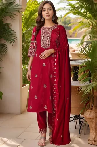 women ethnic motifs embroidered regular thread work velvet kurta with trousers & with dupatta
