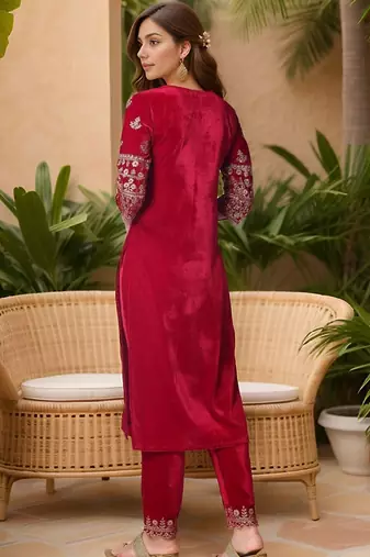 women ethnic motifs embroidered regular thread work velvet kurta with trousers & with dupatta