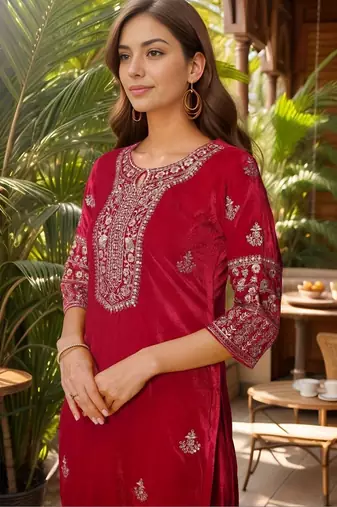 women ethnic motifs embroidered regular thread work velvet kurta with trousers & with dupatta