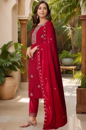 women ethnic motifs embroidered regular thread work velvet kurta with trousers & with dupatta