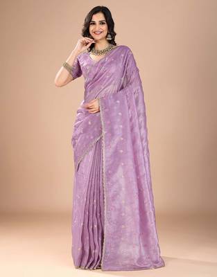 Purple floral sequinned organza saree 1