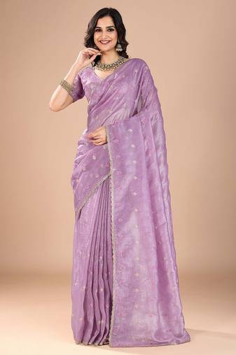Purple floral sequinned organza saree