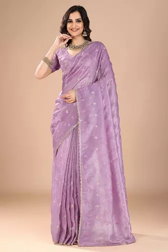 Purple floral sequinned organza saree