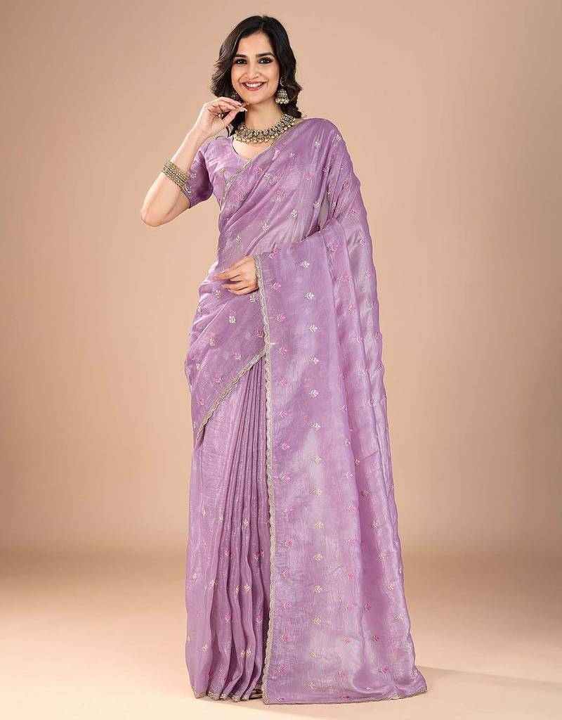 Purple floral sequinned organza saree