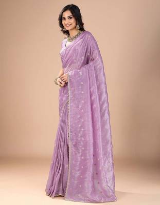 Purple floral sequinned organza saree 2