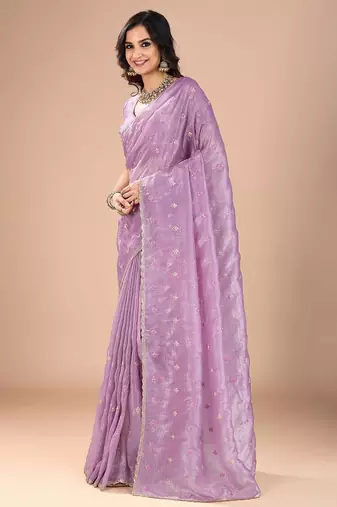 Purple floral sequinned organza saree