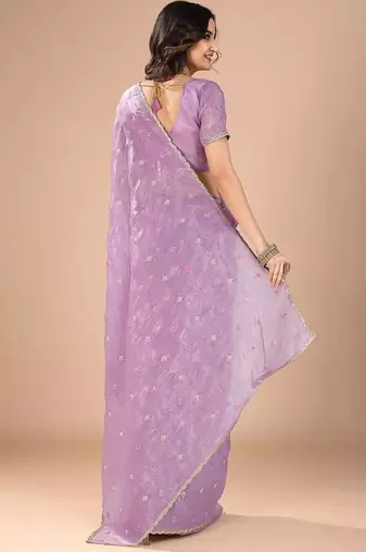 Purple floral sequinned organza saree