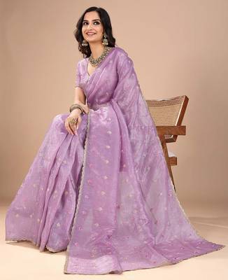 Purple floral sequinned organza saree 4